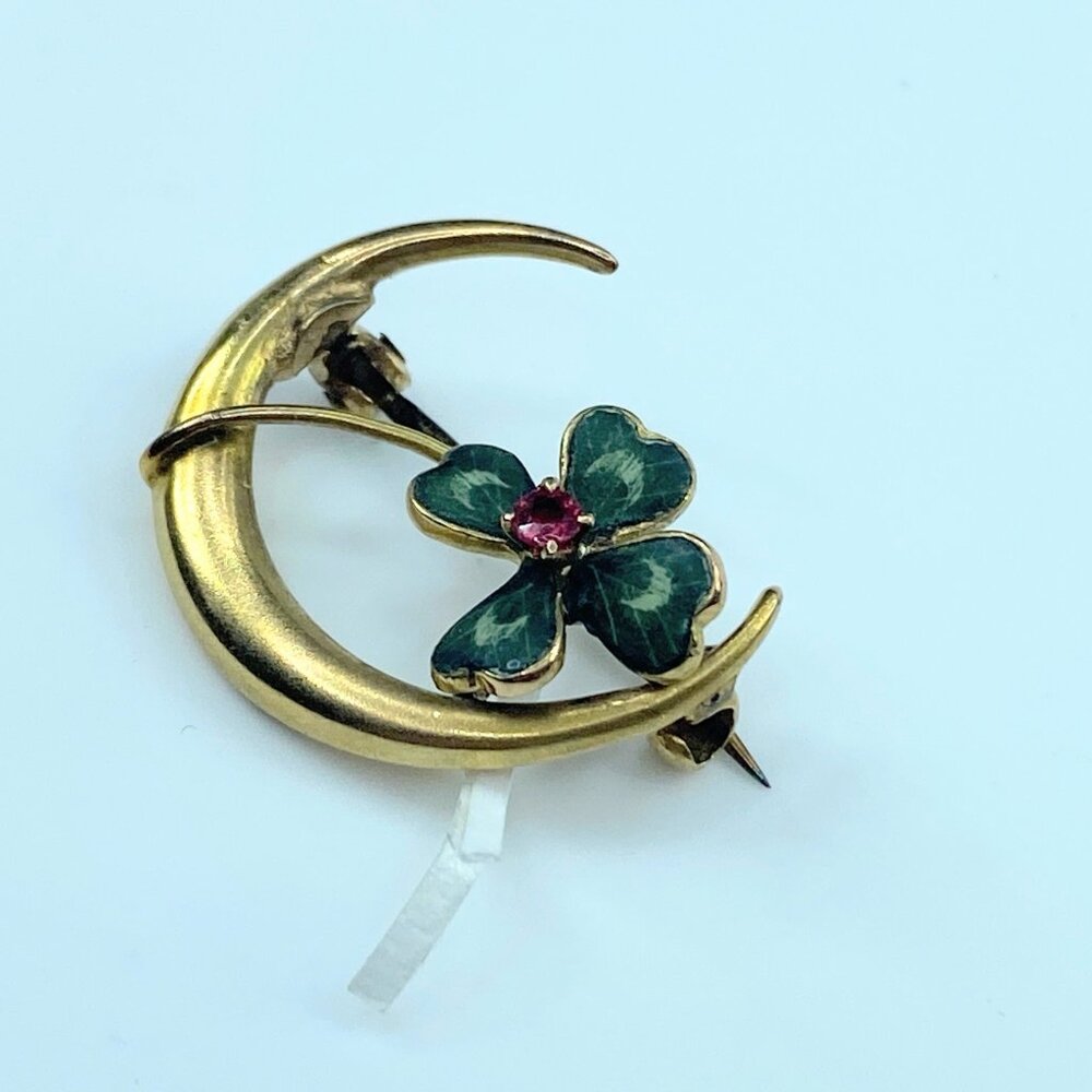 Art Deco Ruby Shamrock Clover Enamel Crescent Moo… - image 7